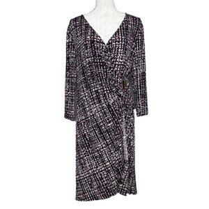 CALVIN KLEIN Calvin Klein Faux Wrap Dress Maroon Ruched V Neck Abstract SIZE XL